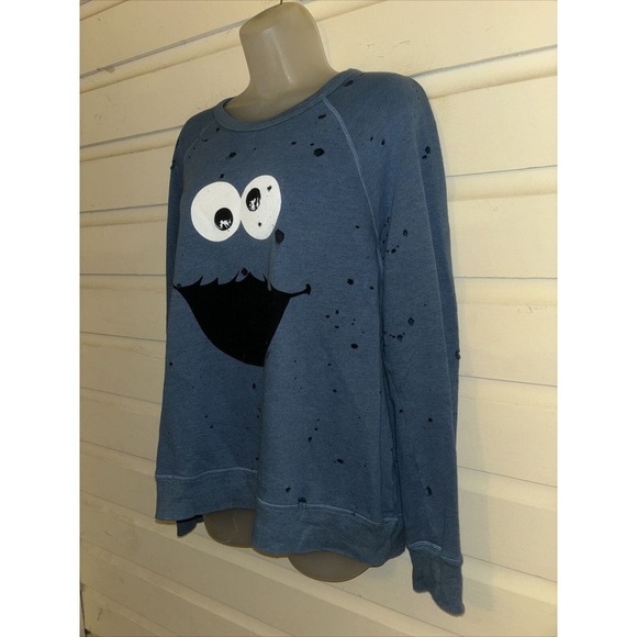 Lauren Moshi Cotton Blend Cookie Monster Distressed Pullover Sweatshirt Size M - Picture 3 of 10
